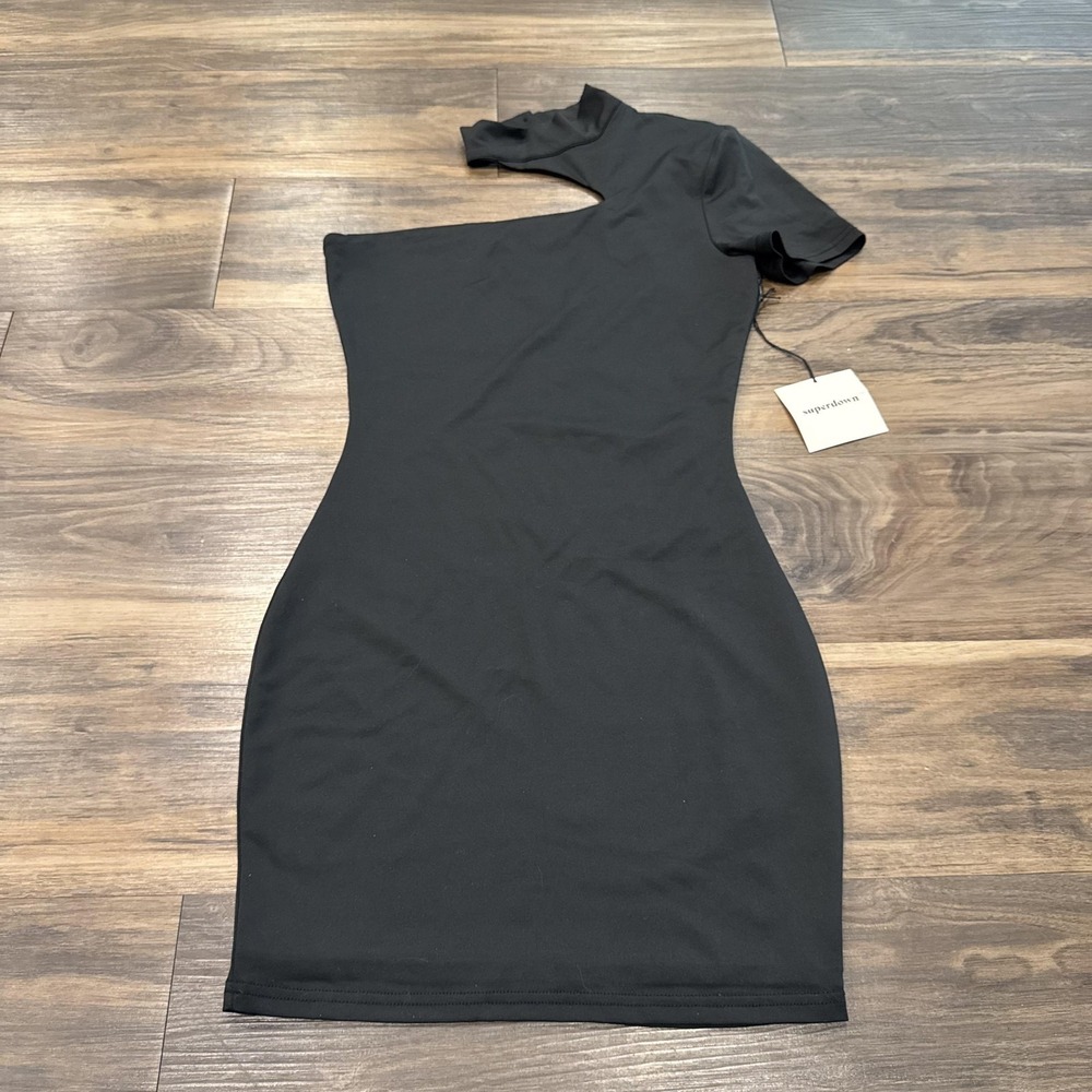 Superdown Dress Womens Small Black One Shoulder Bodycon Mini Asymmetric Cocktail